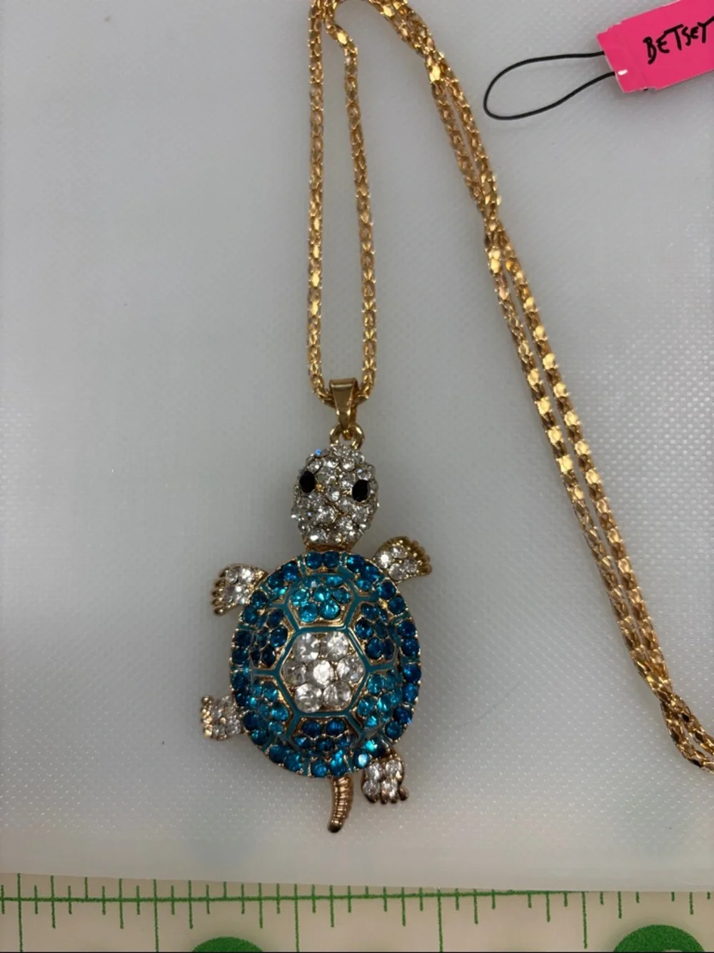 Betsey Johnson Gold-Tone Blue and Clear Crystal Turtle Pendant Necklace - Picture 2 of 7